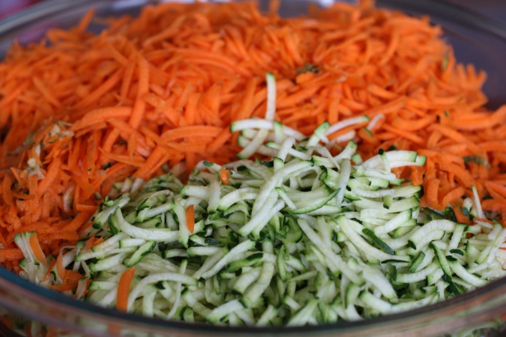 We chose sautéed grated zucchini and carrots, but you can get creative and use whatever veggies you like. 